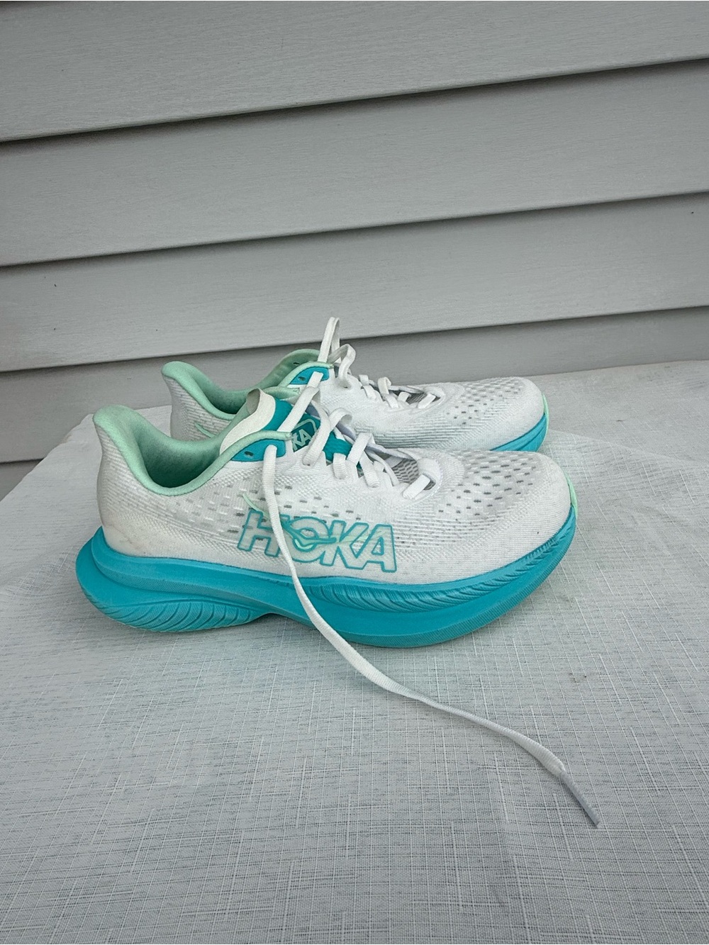 HOKA White and Teal Athletic Running Shoes (no insoles)